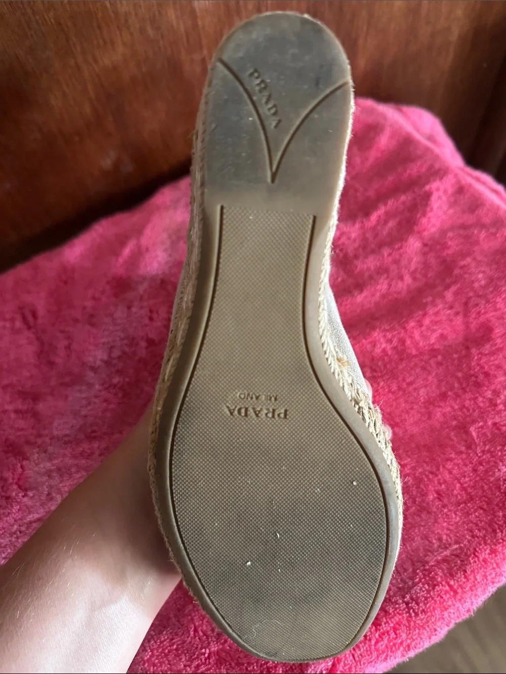 Prada Taupe Suede Open-Toe Espadrille Wedge Sandals